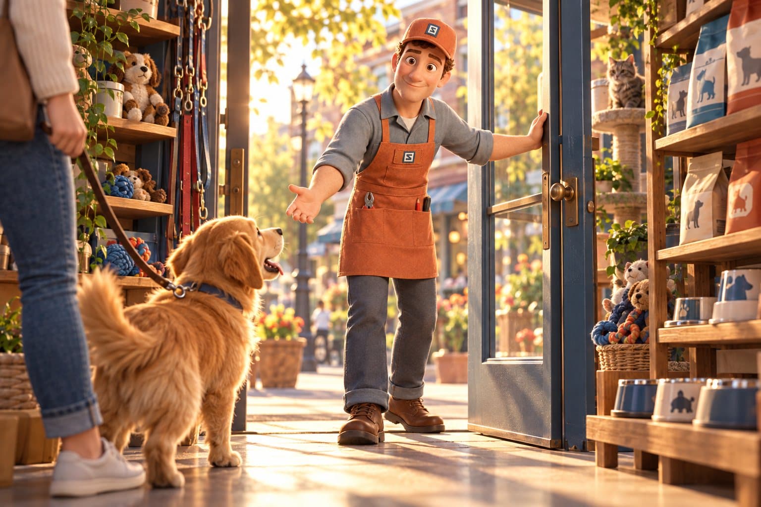 A neighbor walking into the store with her dog