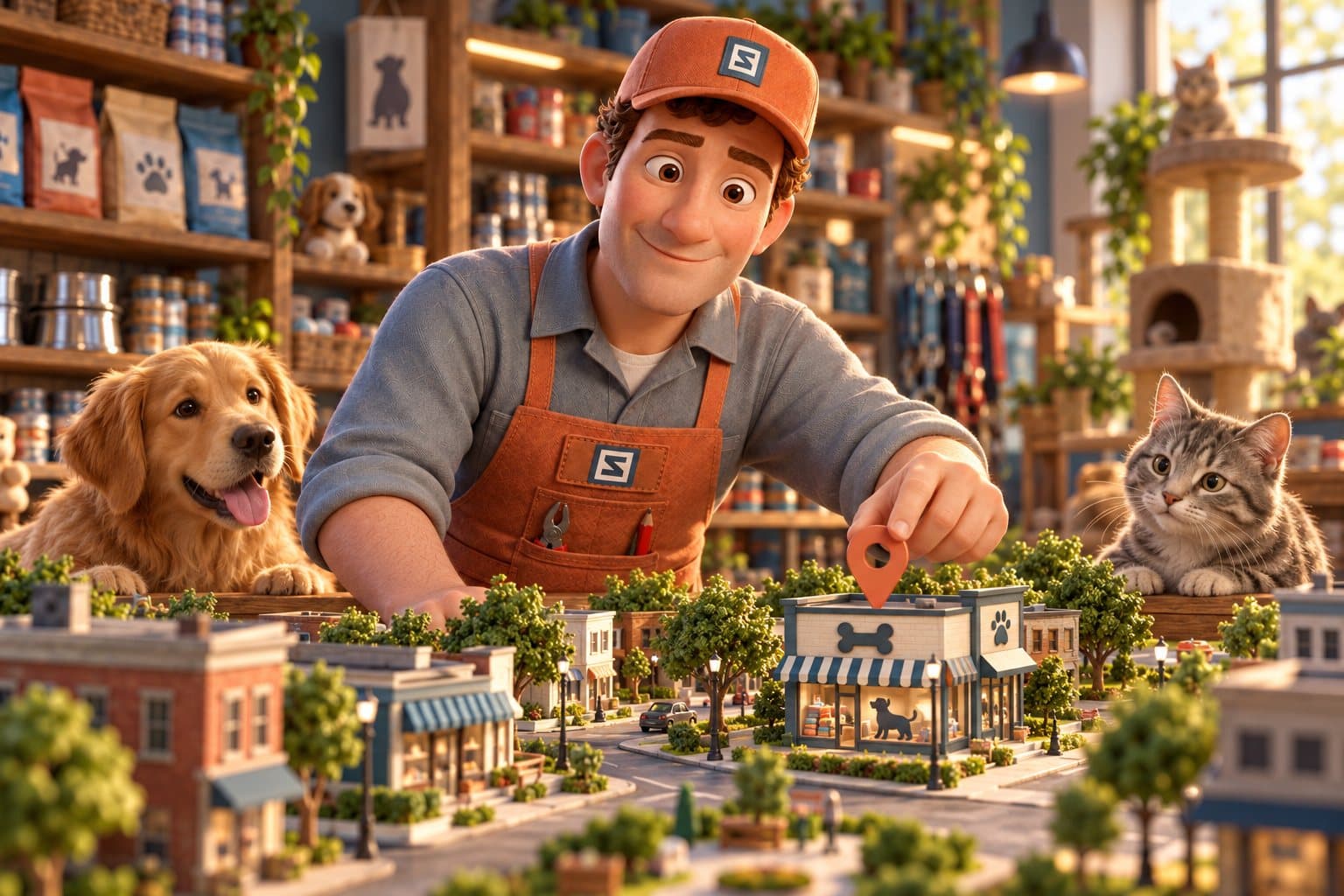 Zach pinning stores on a map of the town