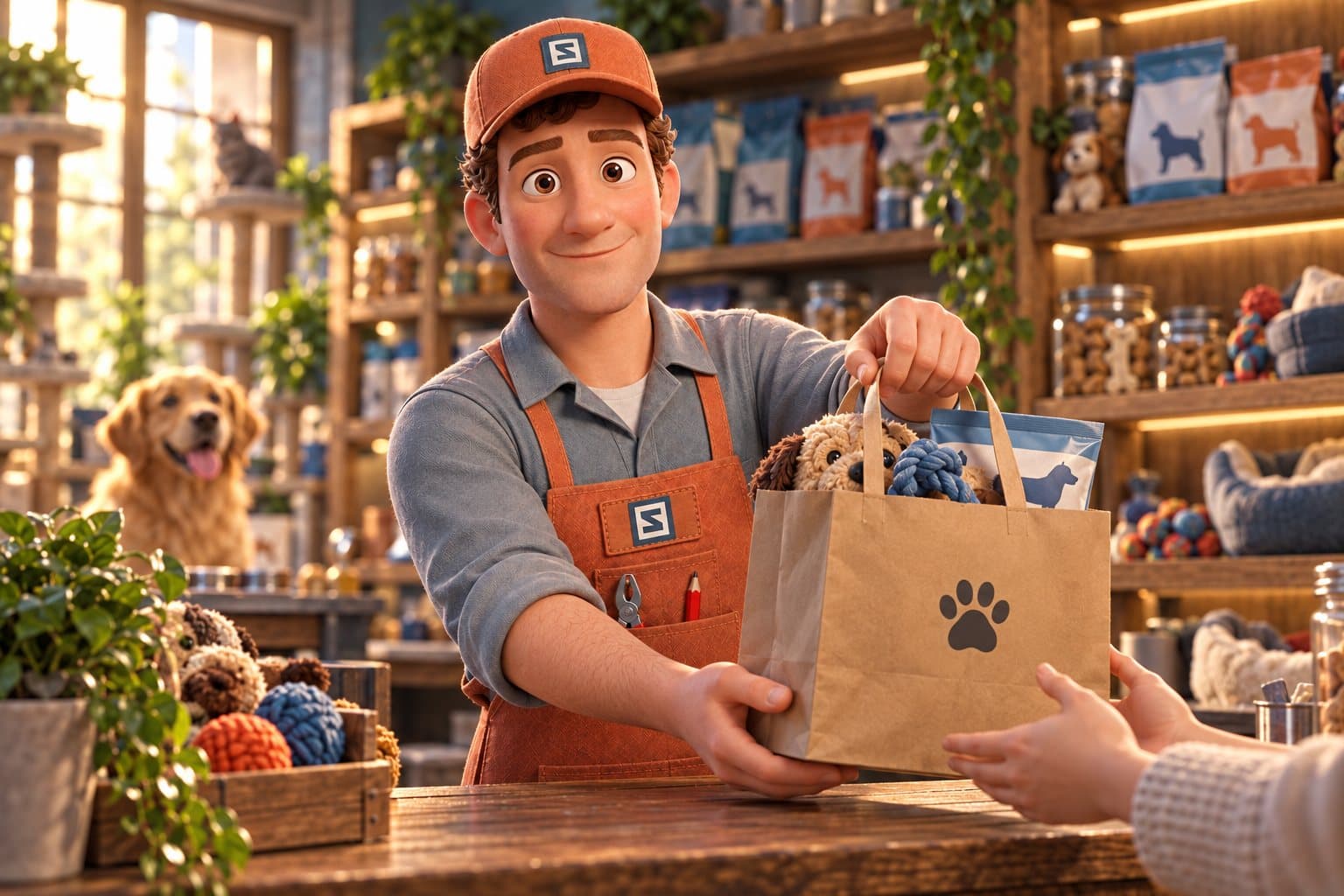 Zach handing a bag to a local shopper
