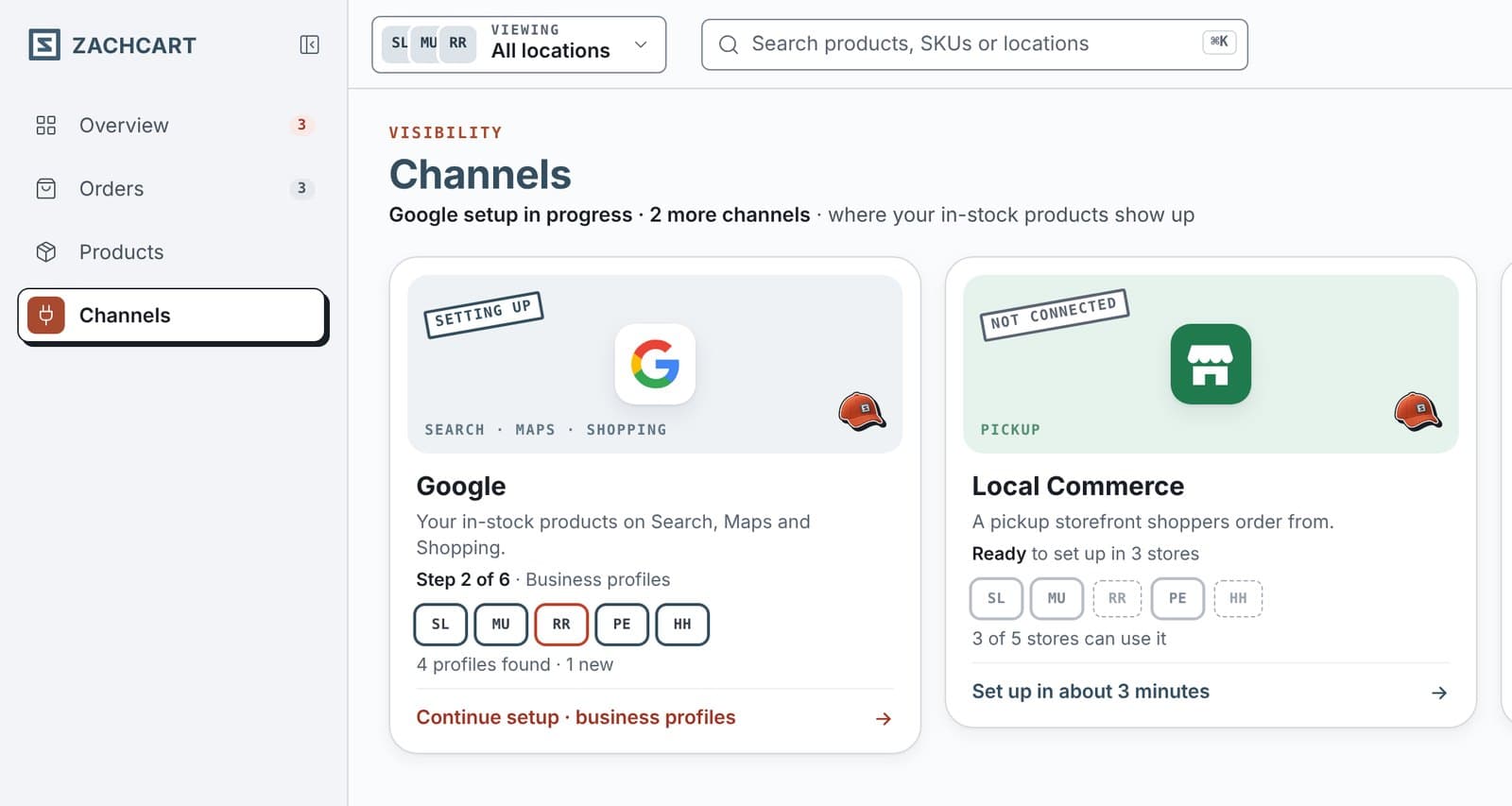 Channels: Google, Local Commerce and delivery, per store