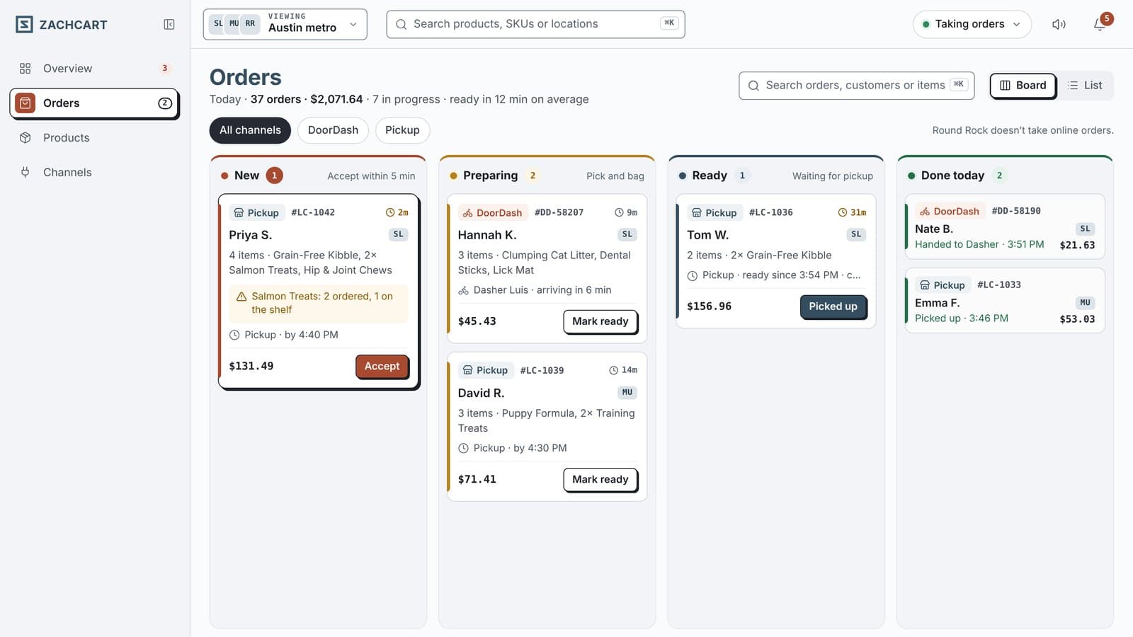 The Orders board with pickup and delivery orders